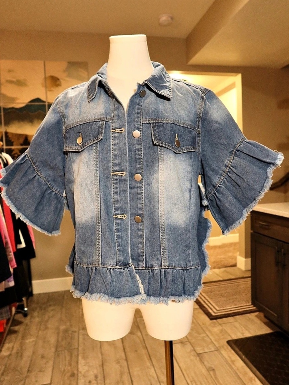 Cysratia Denim Ruffle Sleeve Jean Jacket Size Small